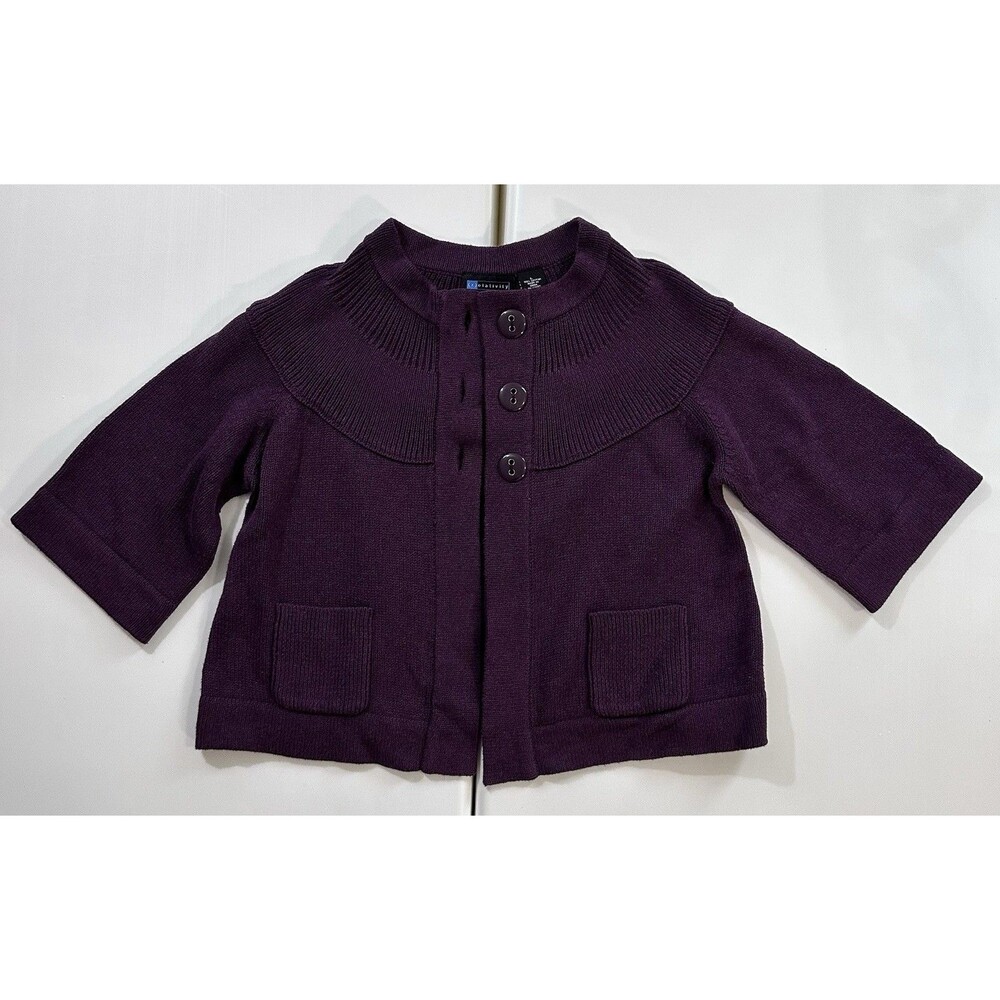 Relativity Cropped Cardigan Sweater Plum Cotton Button Front Pockets L